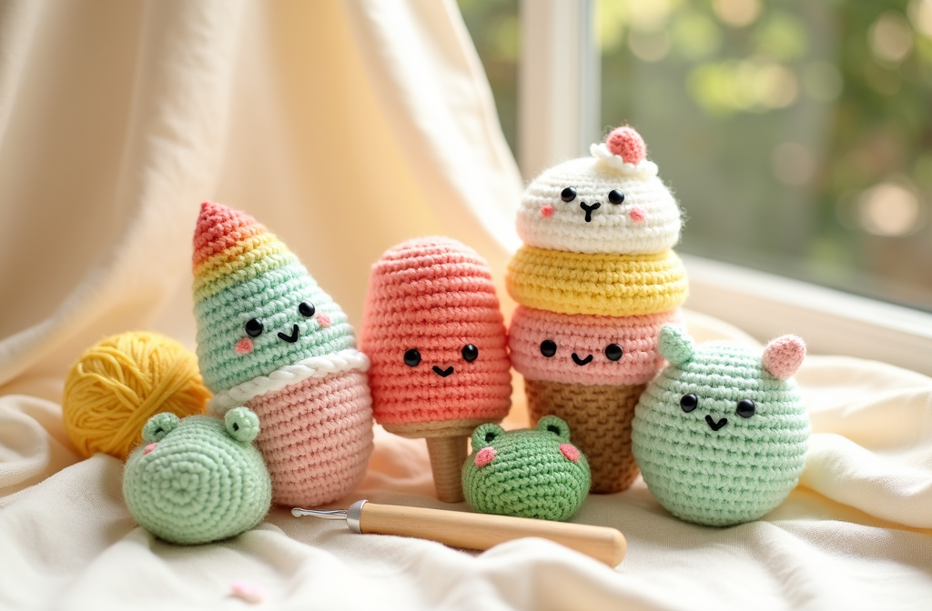 Five cute crochet summer amigurumi: snow cone, ice cream, popsicle, watermelon and frog by MrsCrochetWorld