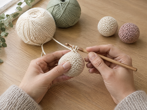 Hands holding a wooden crochet hook mid-stitch on a cream cotton amigurumi ball, the working yarn wrapping around the hook shaft, with cream and sage yarn balls and two finished amigurumi balls on a light oak table