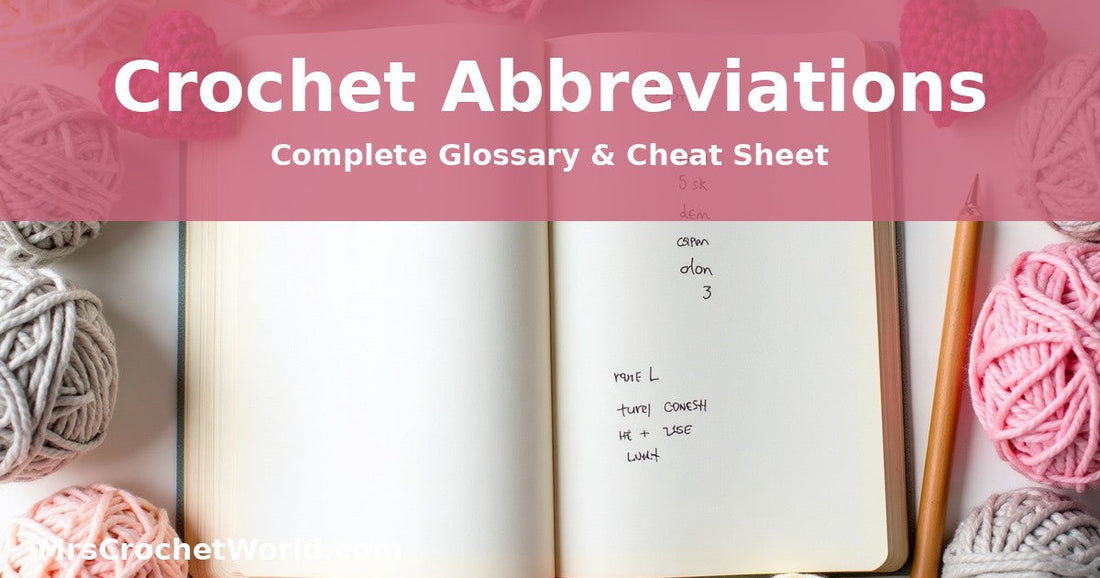 Crochet abbreviations glossary notebook with stitch symbols and pastel yarn