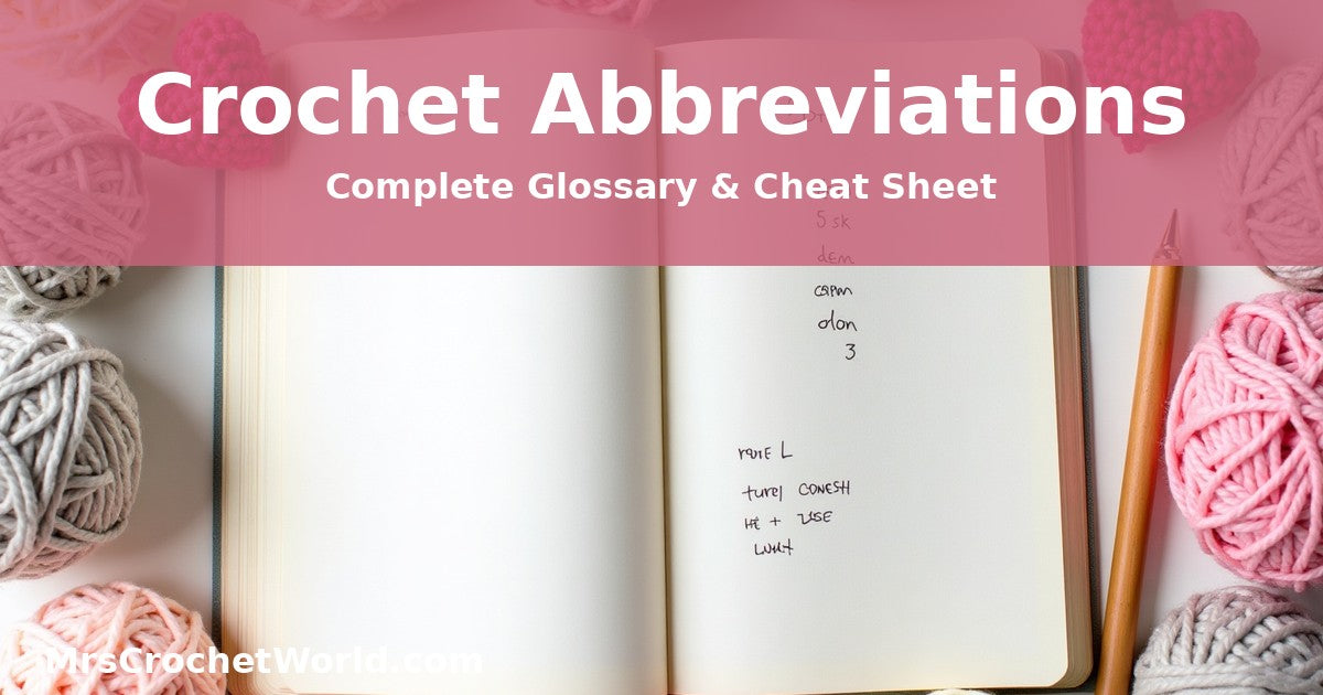 Crochet abbreviations glossary notebook with stitch symbols and pastel yarn