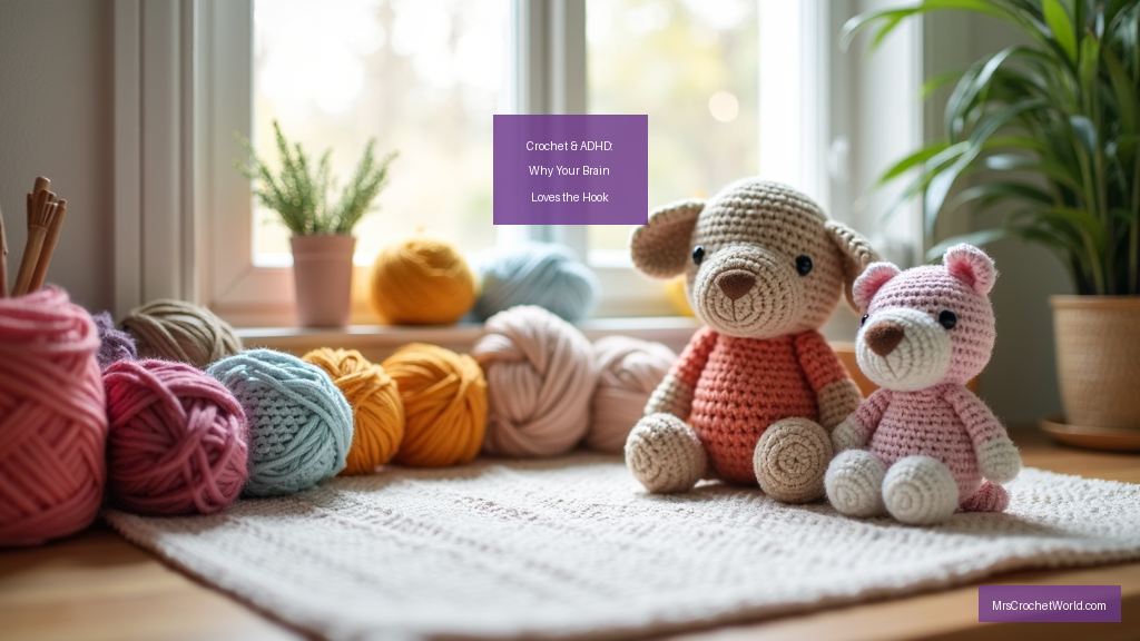 Crochet ADHD benefits – colorful yarn and amigurumi plushies on a calm, organized workspace