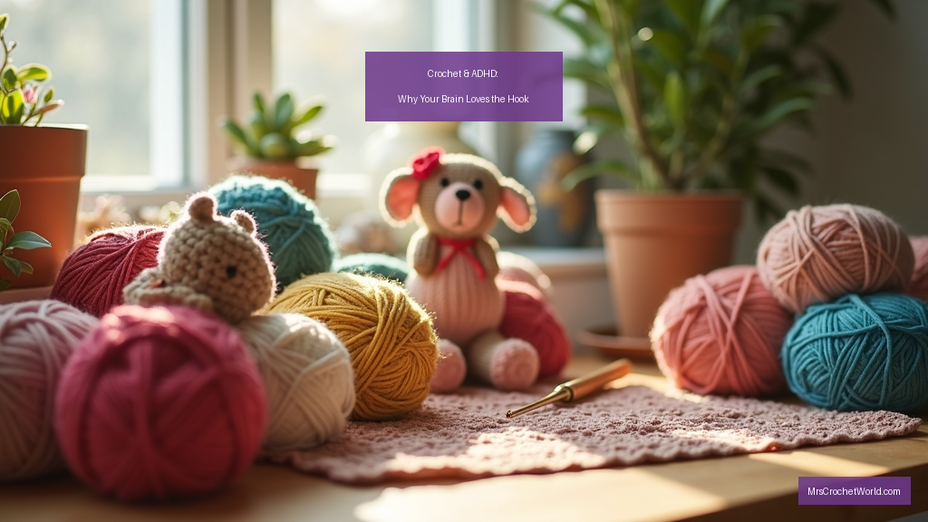 Colorful yarn and crochet hooks on wooden table – crochet for ADHD focus by MrsCrochetWorld