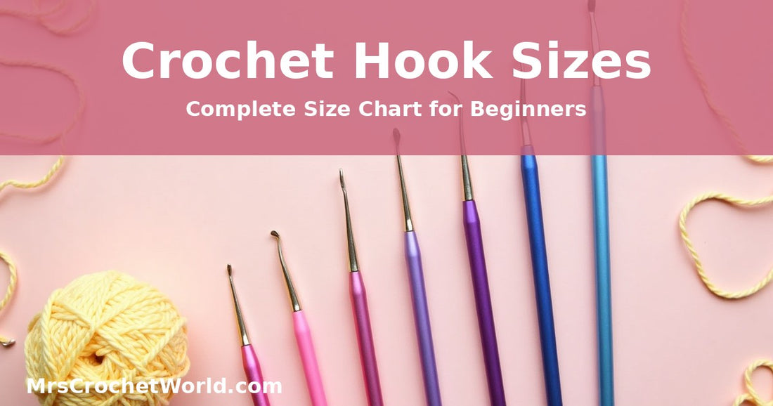 Crochet hook sizes chart with colorful aluminum hooks arranged by size