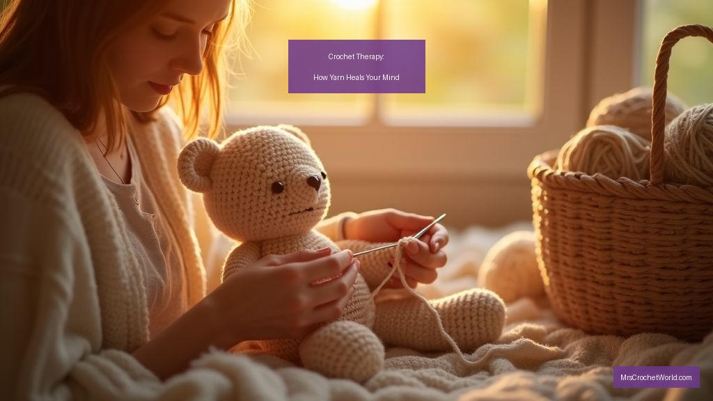 Woman crocheting amigurumi in warm golden light – crochet therapy for mental health by MrsCrochetWorld