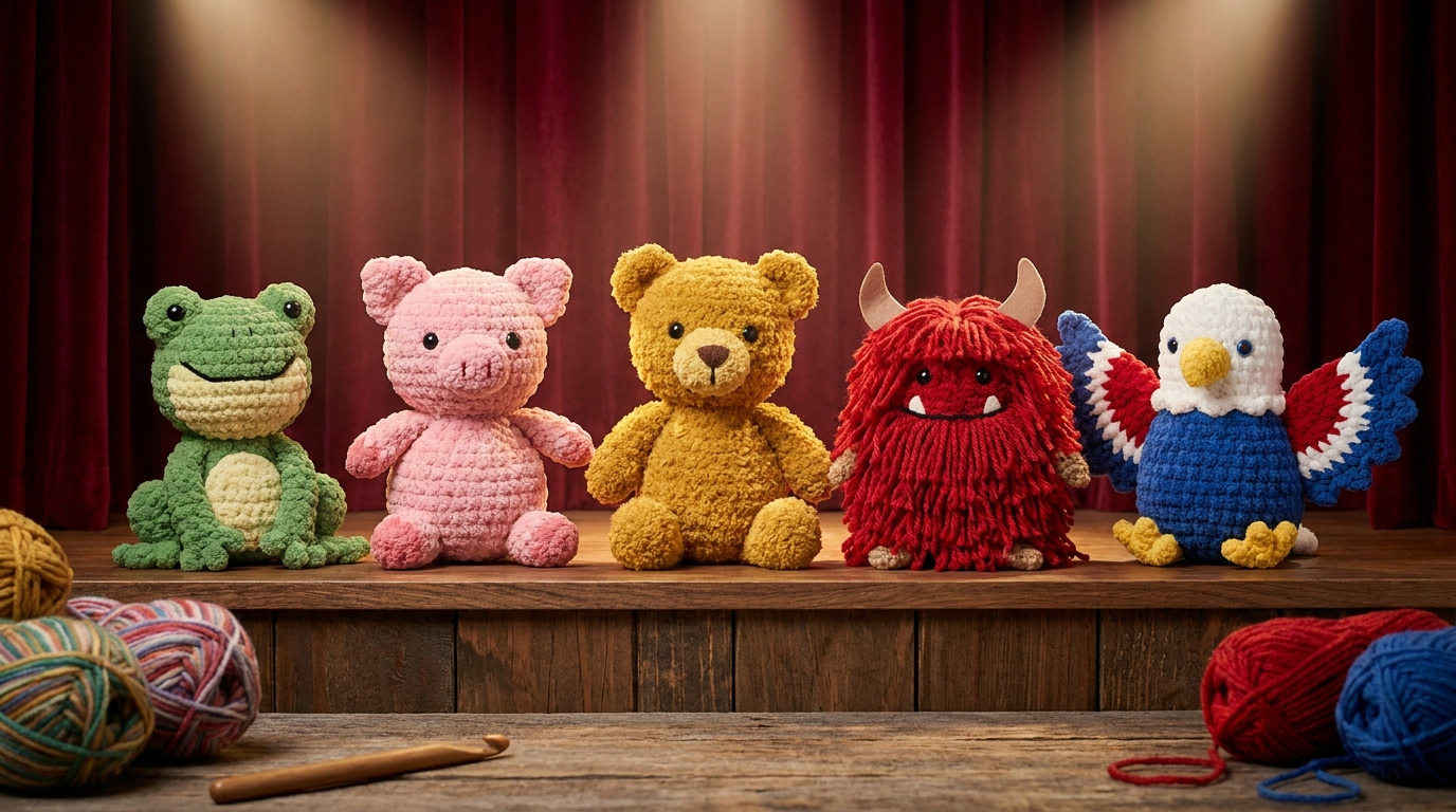 Colorful cute amigurumi animals on a small stage with a red velvet curtain, surrounded by yarn and crochet hooks
