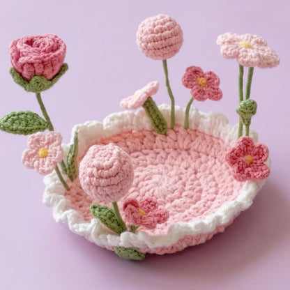 Pink rose and tulip pop-up crochet coaster with ruffled edge