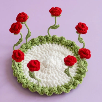 Red rose crochet pop-up coaster with white and green border