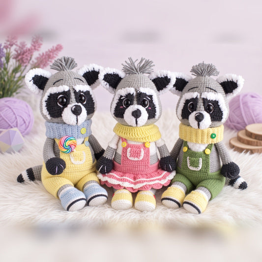 3-in-1 raccoon amigurumi crochet pattern bundle: three grey crochet raccoons in clothes on white fur