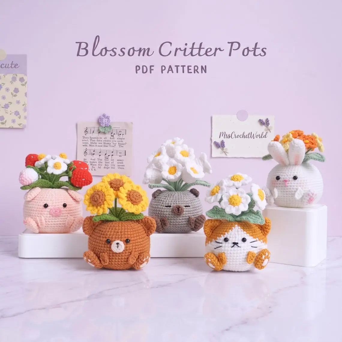 5-in-1 Blossom Critter Pots Crochet Pattern Bundle – PDF Instant Download by MrsCrochetWorld