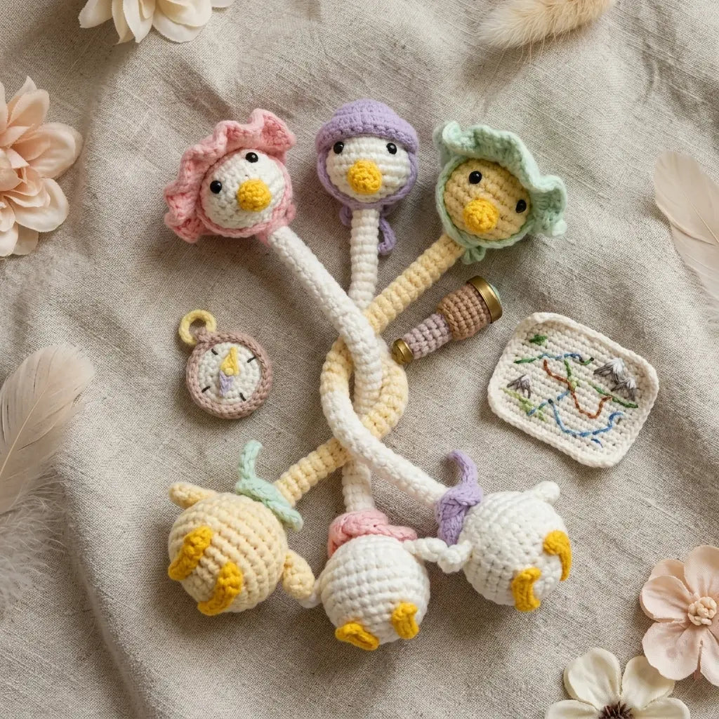 Pastel long neck bird keychain crochet charms with tiny accessories by MrsCrochetWorld