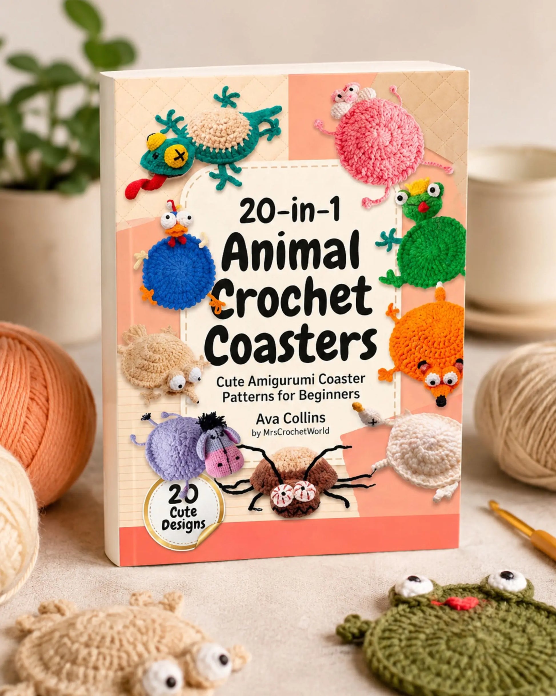 20-in-1 animal crochet coasters pattern book interior page — PDF by MrsCrochetWorld