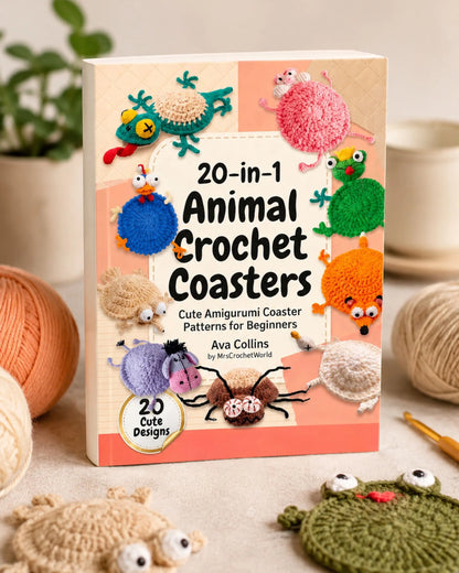 20-in-1 animal crochet coasters pattern book interior page — PDF by MrsCrochetWorld