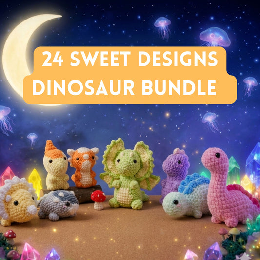 24 sweet designs dinosaur bundle - colorful crochet baby dinosaur amigurumi collection in fantasy night scene with moon