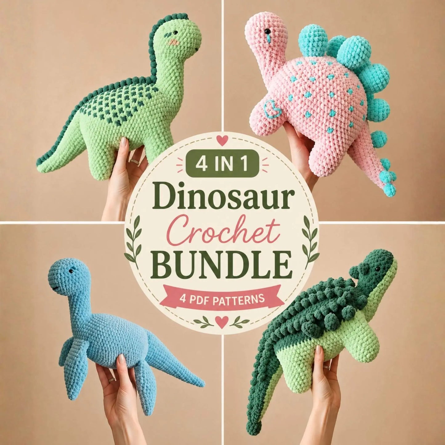 Dinosaur Crochet Pattern Bundle PDF – 4-in-1
