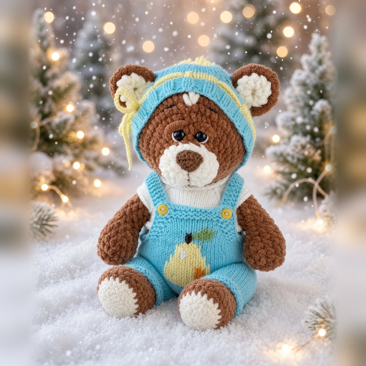 Brownie plush bear in the knitted blue overalls set sitting in the snow