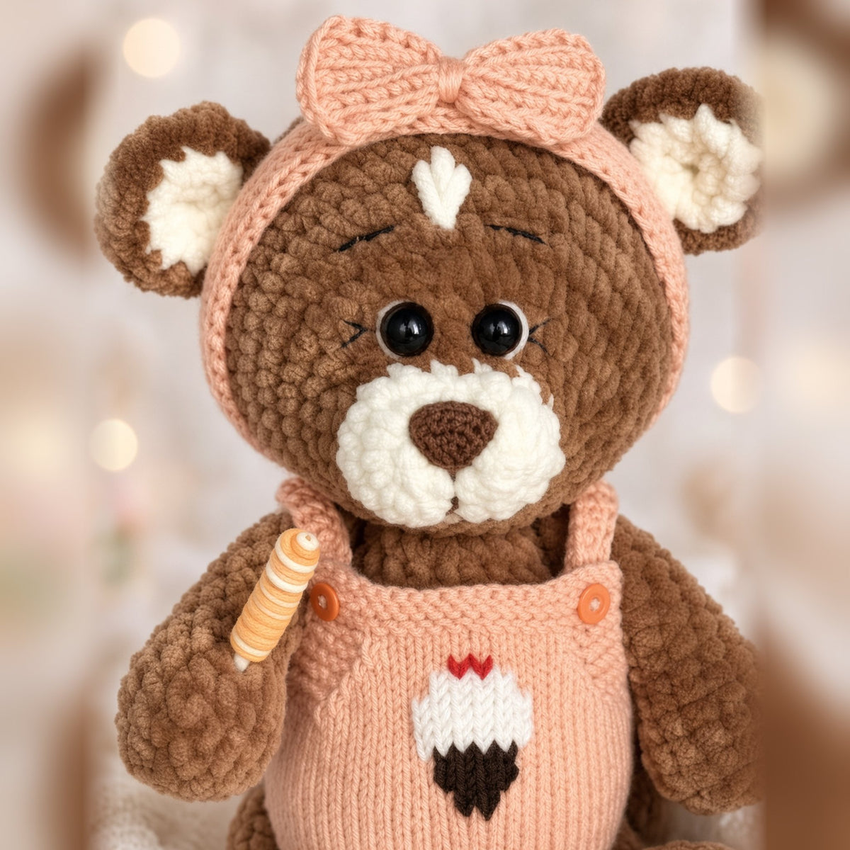 Close-up of Brownie plush bear in knitted coral overalls with a cupcake motif and bow headband