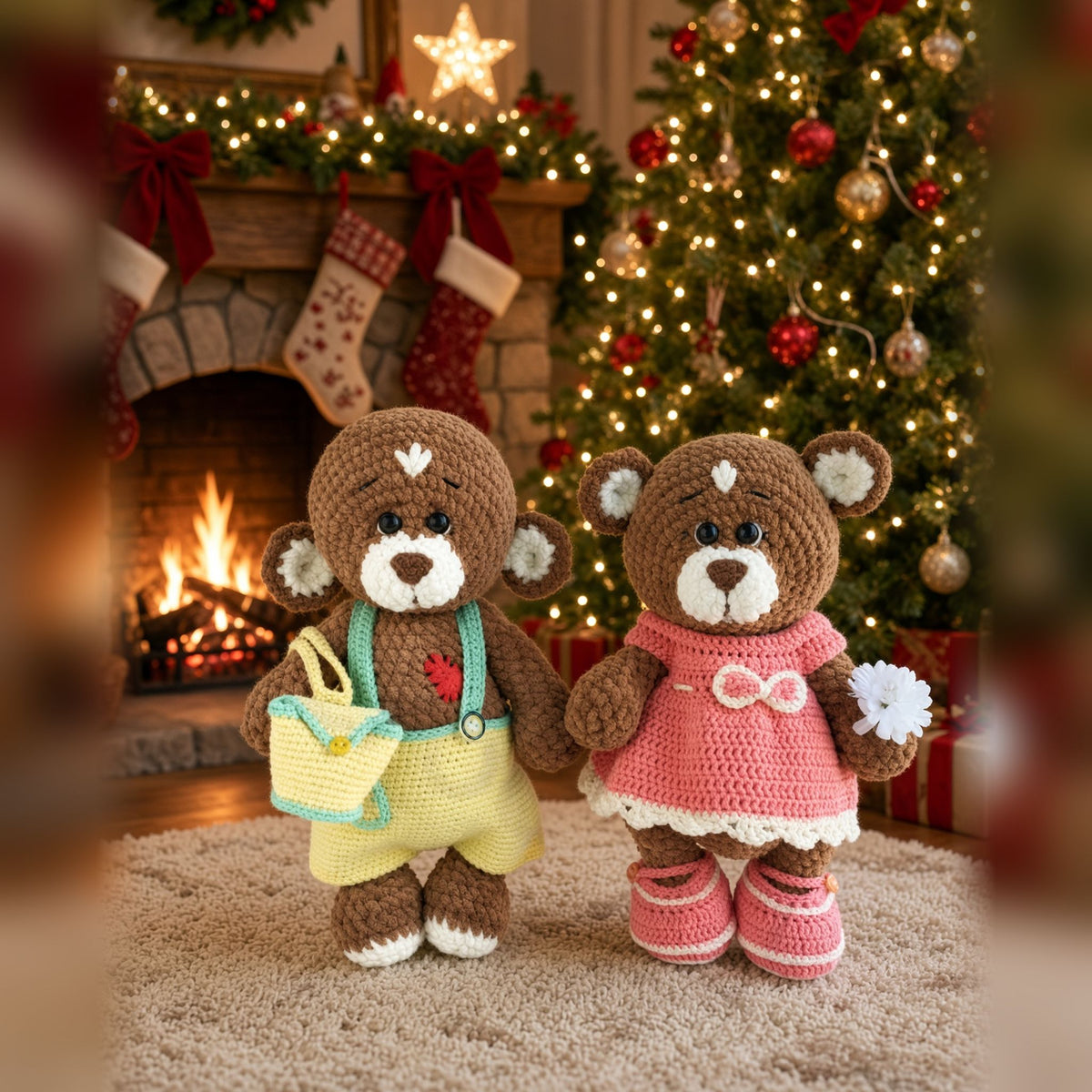 Two Brownie plush teddy bears in crochet clothes by a cozy fireplace