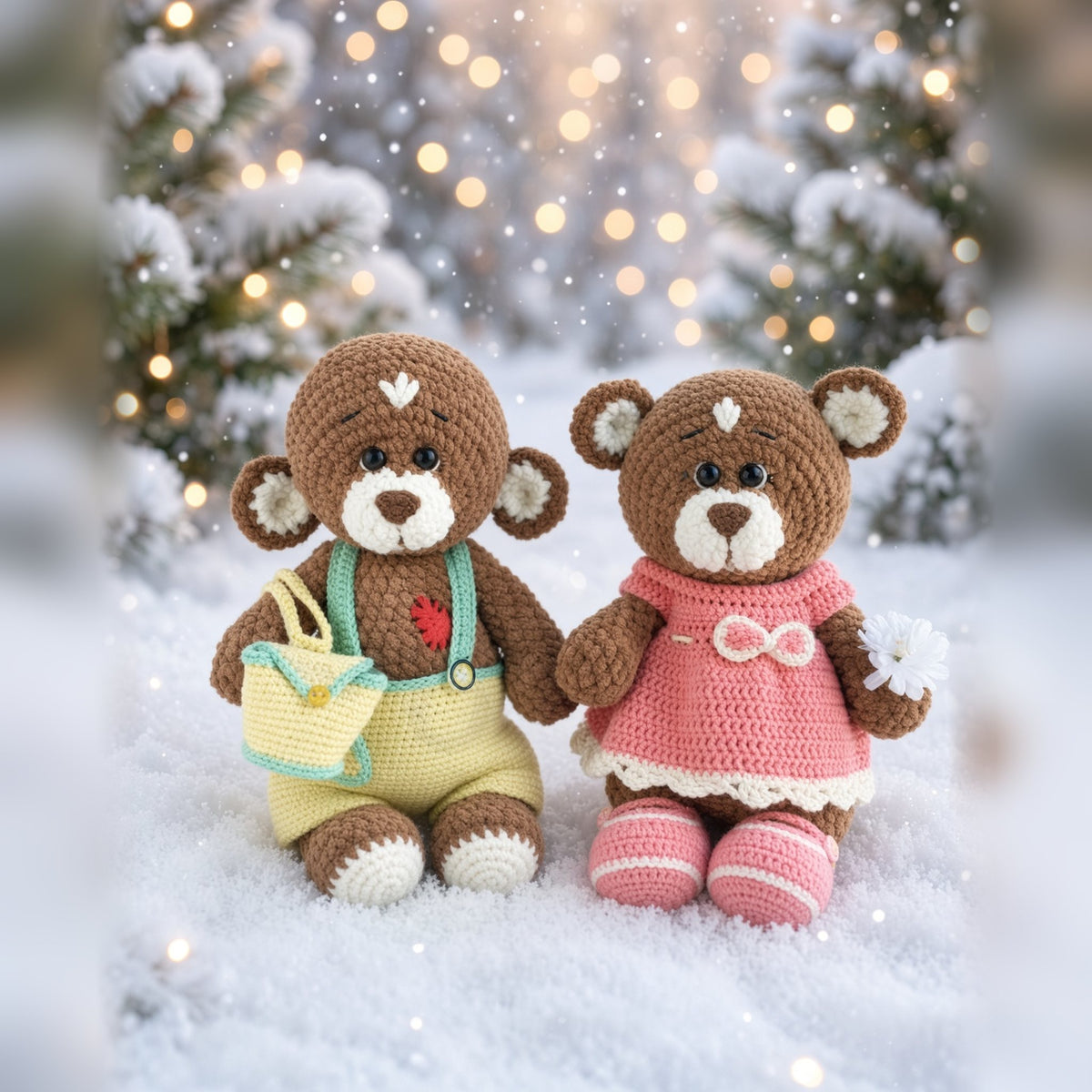 Two Brownie plush teddy bears in crochet clothes standing in the snow