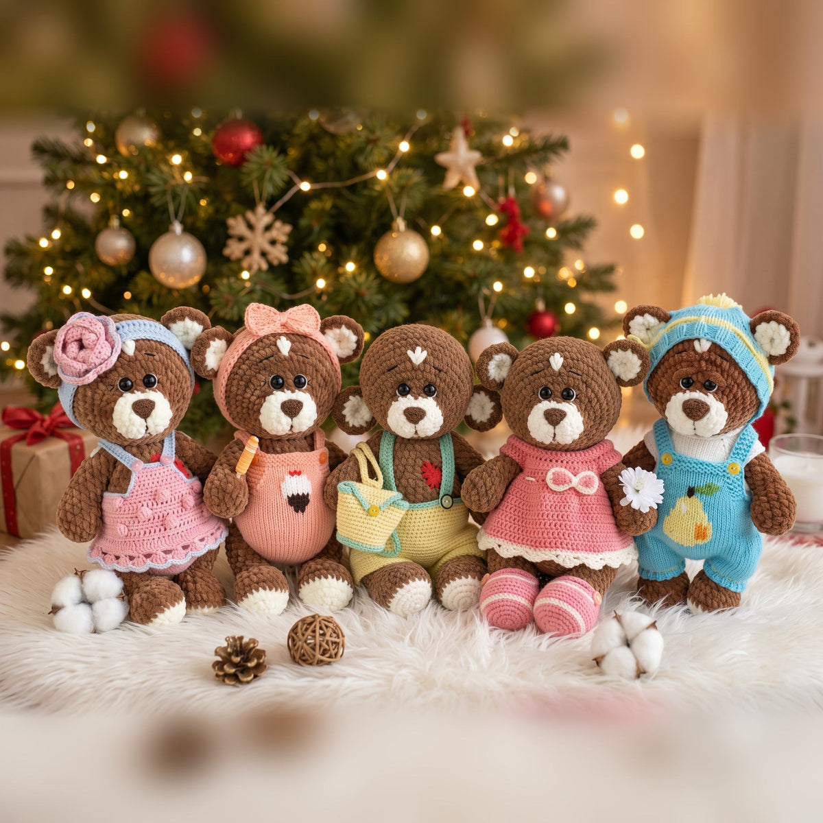 Five Brownie plush bears in different crochet and knitted outfits by a Christmas tree