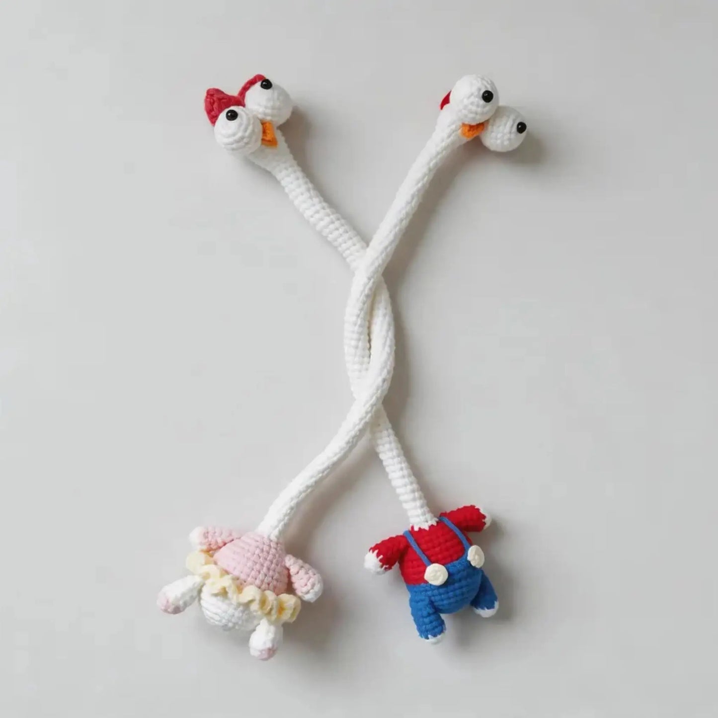 White long neck goose amigurumi bag charm crochet pattern pair by MrsCrochetWorld