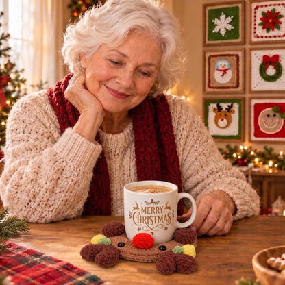 Crocheted reindeer mug rug under a Merry Christmas mug, made from the Christmas crochet coasters book