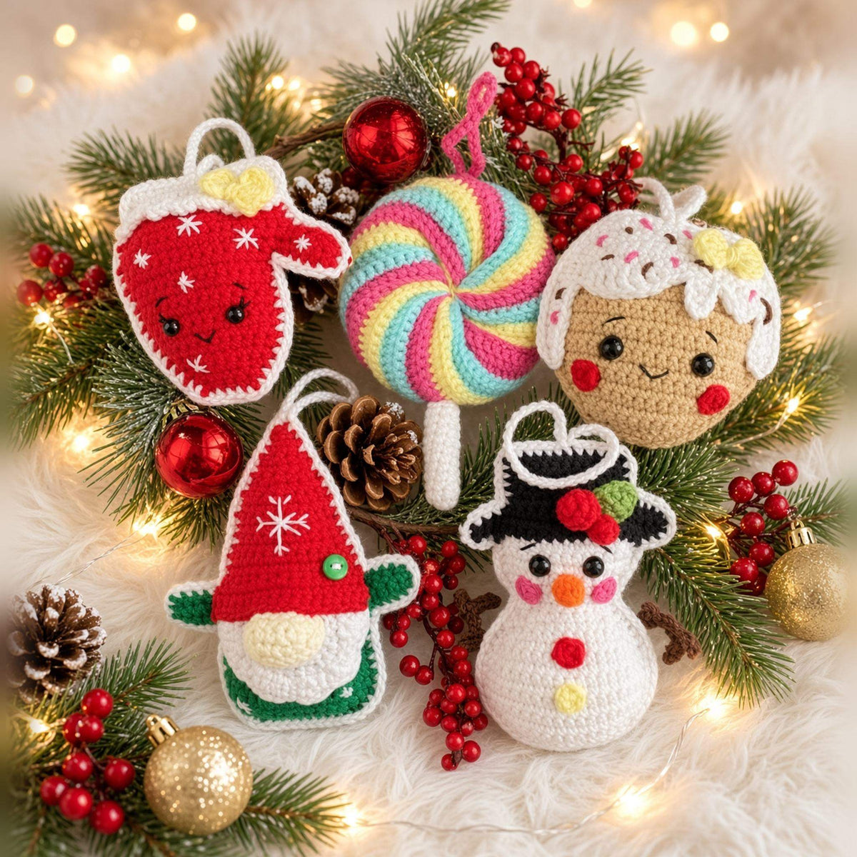 Flat lay of 5 crochet Christmas ornaments on white fur with pine and berries