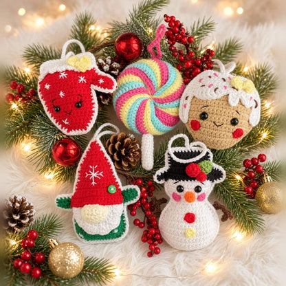 Flat lay of 5 crochet Christmas ornaments on white fur with pine and berries