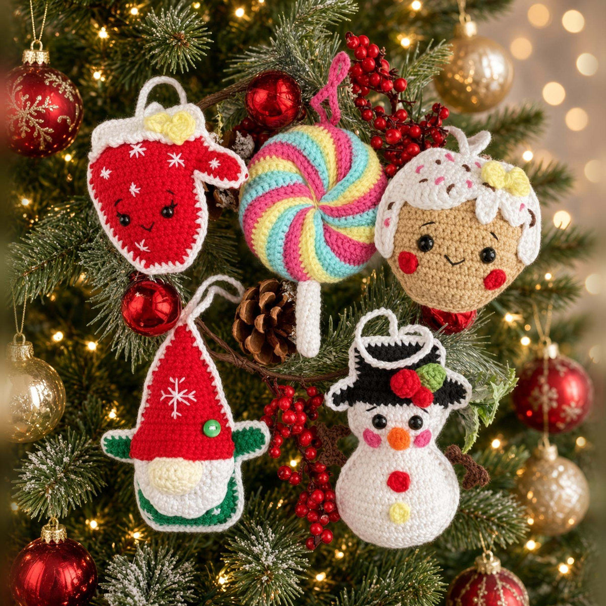 Crochet gingerbread, mitten, gnome, snowman and lollipop ornaments on greenery with Christmas baubles