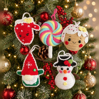 Crochet gingerbread, mitten, gnome, snowman and lollipop ornaments on greenery with Christmas baubles