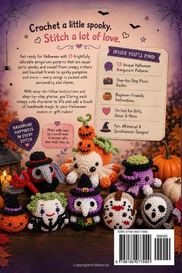 Back cover of Creepy Cute Amigurumi: 13 unique Halloween amigurumi patterns, step-by-step photo guides, beginner-friendly
