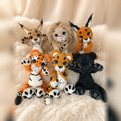 Crochet plush big cats from the book: tiger, lion, leopard, panther, caracal and lynx amigurumi