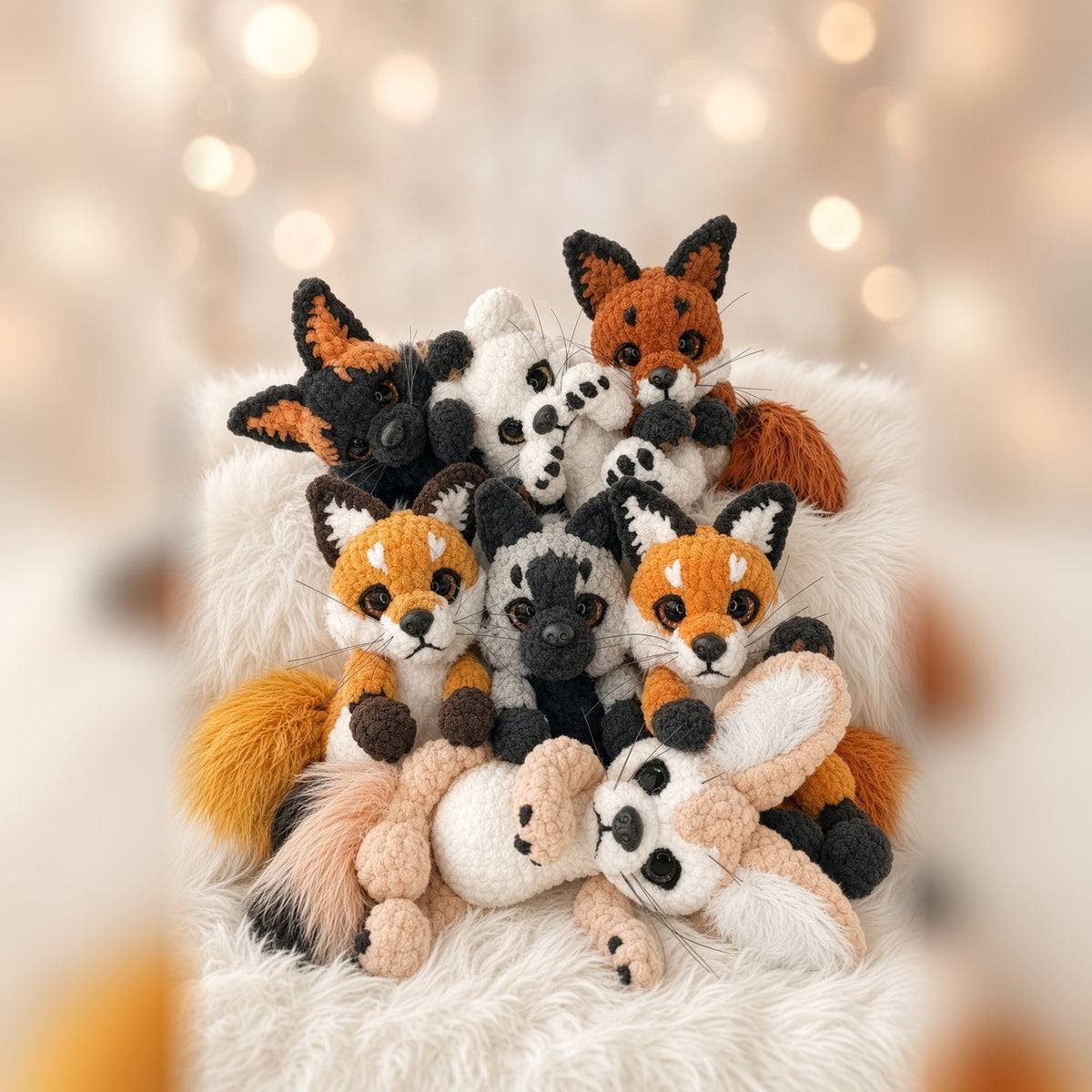 Crochet plush foxes from the book: red fox, silver fox, arctic fox and fennec amigurumi