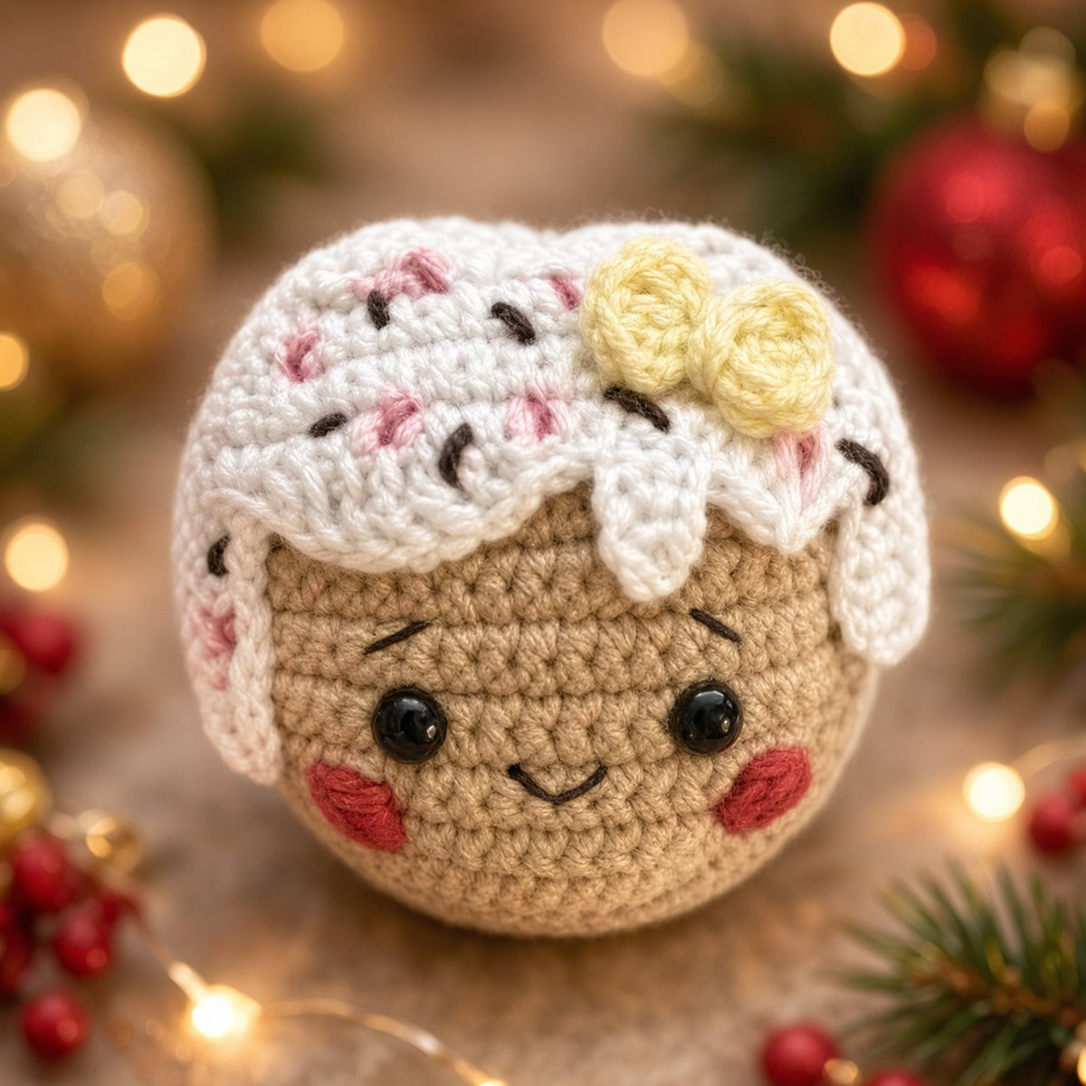 Crochet gingerbread Christmas ornament with white icing and sprinkles