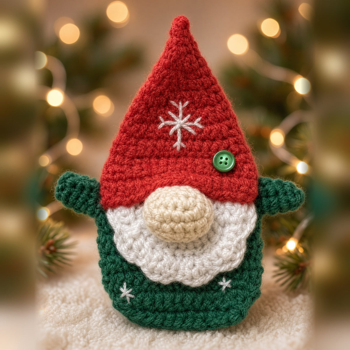 Crochet Christmas gnome ornament with a red snowflake hat and white beard
