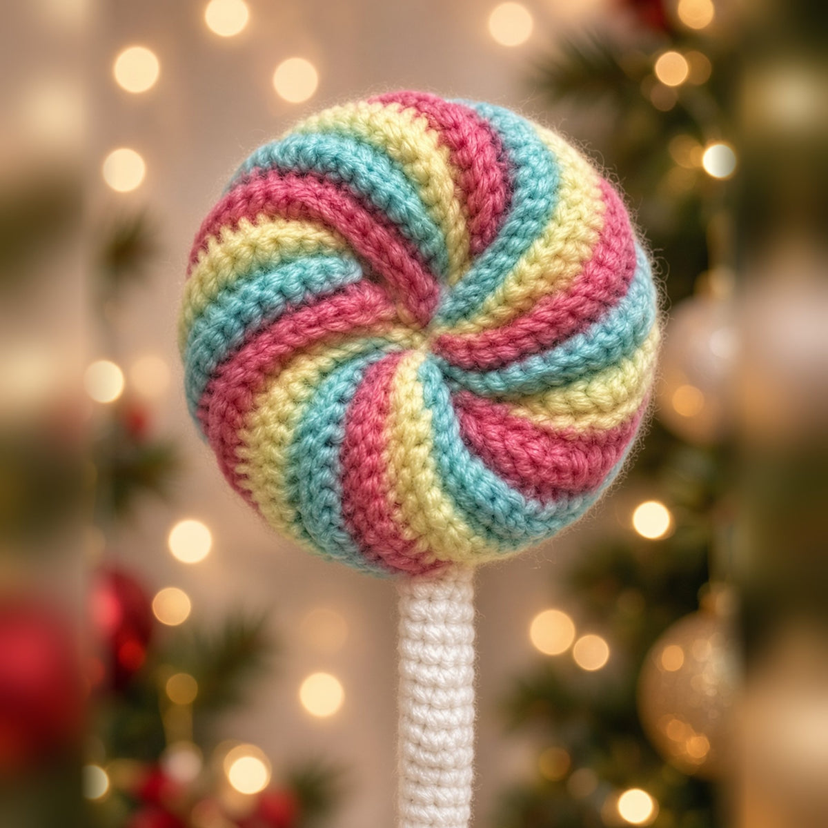 Rainbow swirl crochet lollipop Christmas ornament