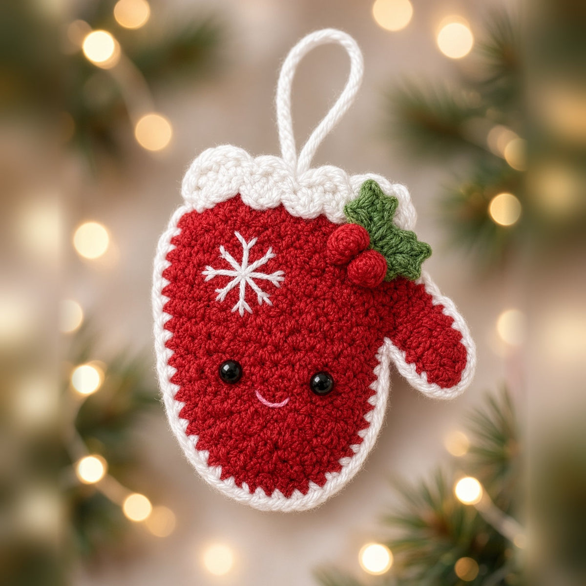 Red crochet mitten Christmas ornament with a snowflake and holly
