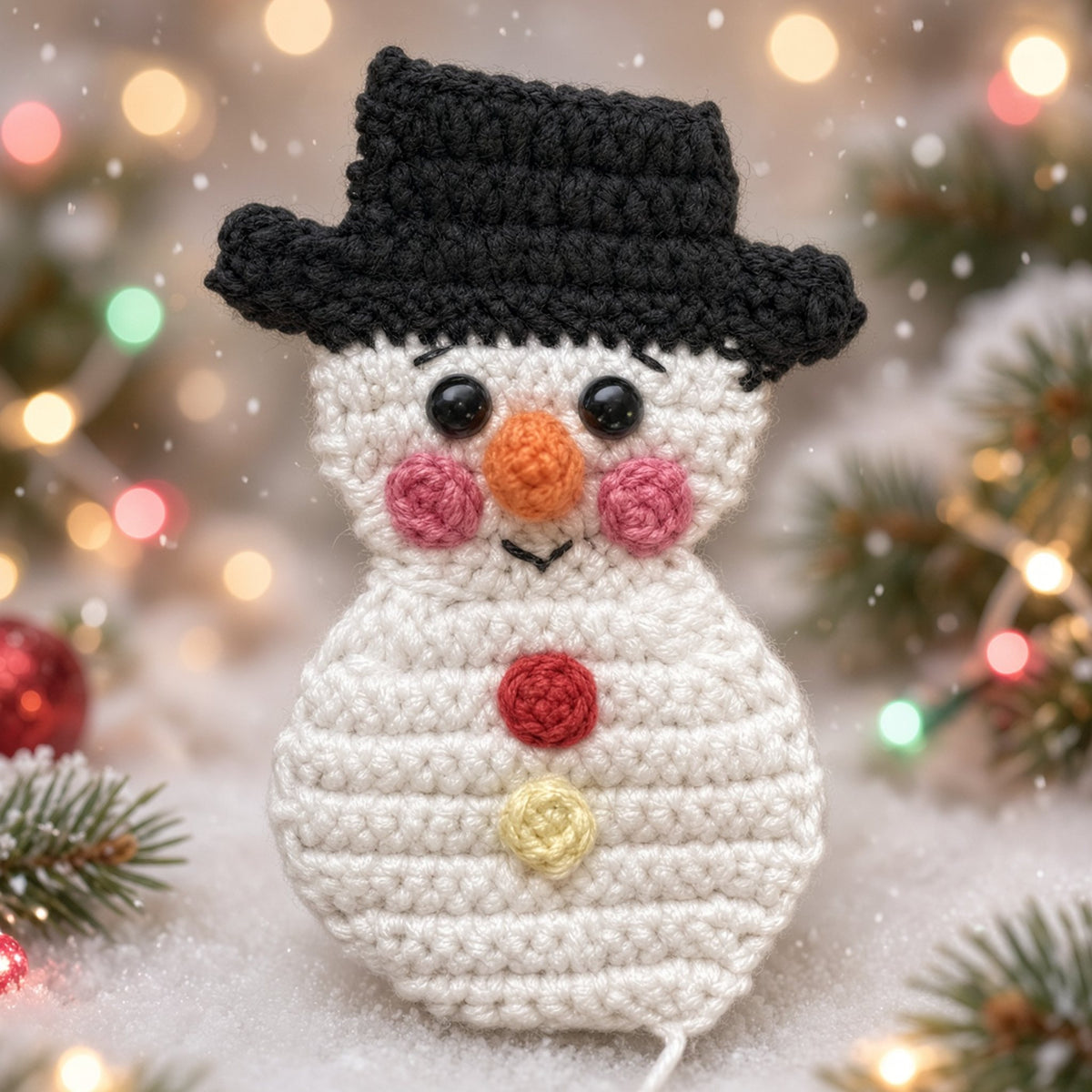 Crochet snowman Christmas ornament with a black top hat and orange carrot nose