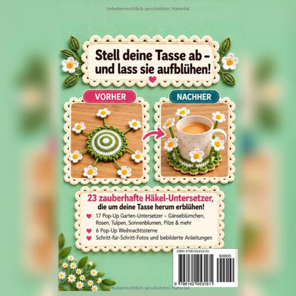 Back cover of the German pop-up garden coaster crochet book: before and after pop-up effect around a mug