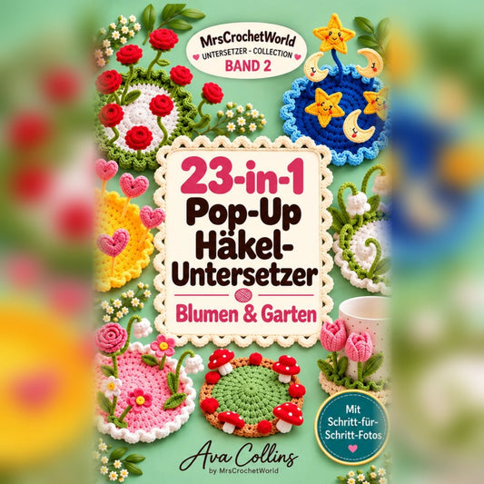 Front cover of the German crochet book 23-in-1 Pop-Up Häkel-Untersetzer: Blumen & Garten, Band 2