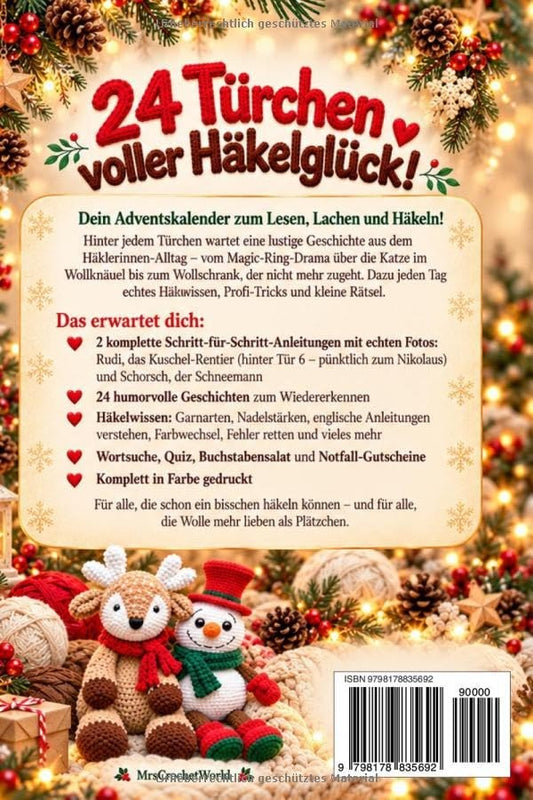 Back cover of the German crochet advent calendar book: 24 doors, 2 step-by-step patterns, puzzles and crochet tips