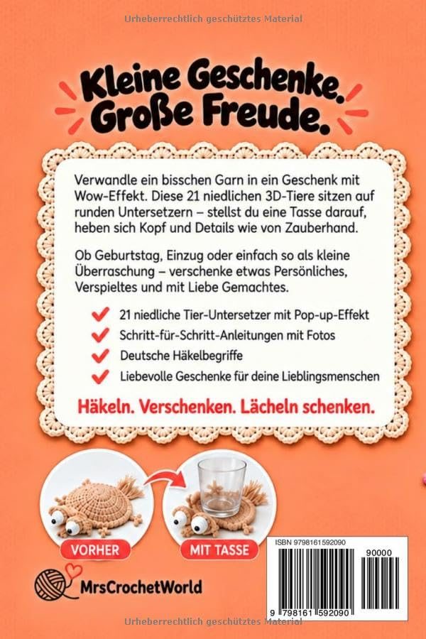Back cover of the German crochet book Pop-up-Untersetzer häkeln with 21 3D animal coasters