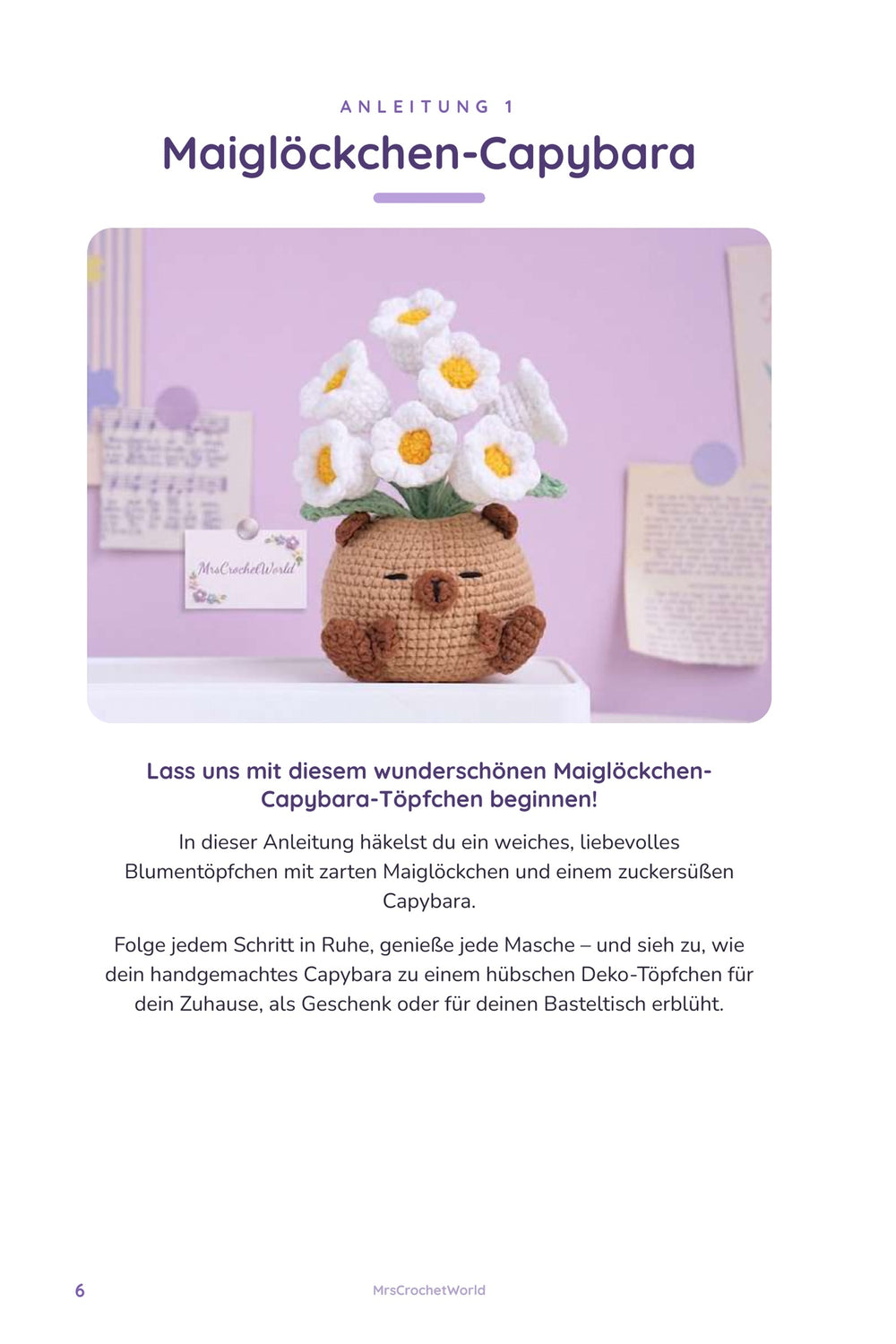 Maiglöckchen-Capybara Häkelanleitung: gehäkeltes Capybara-Töpfchen mit Maiglöckchen