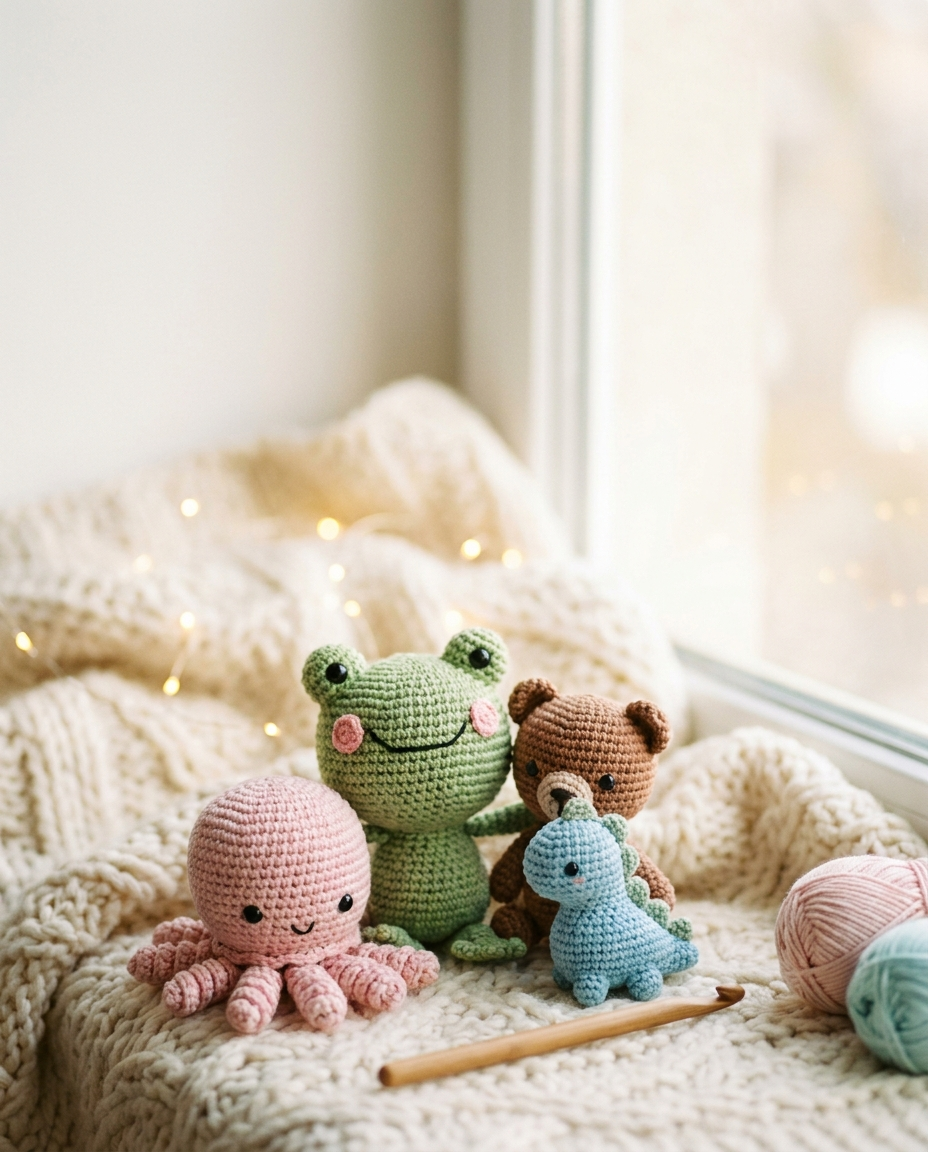 Cute crochet amigurumi animals — a green frog, pink octopus, bear and dinosaur — on a cozy cream blanket by a sunny window