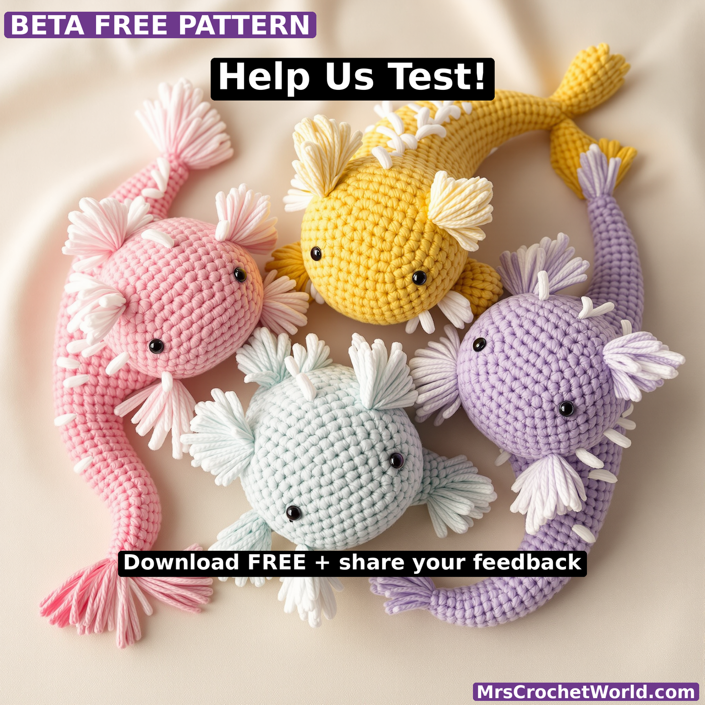 free beta no-sew axolotl amigurumi crochet pattern PDF by MrsCrochetWorld