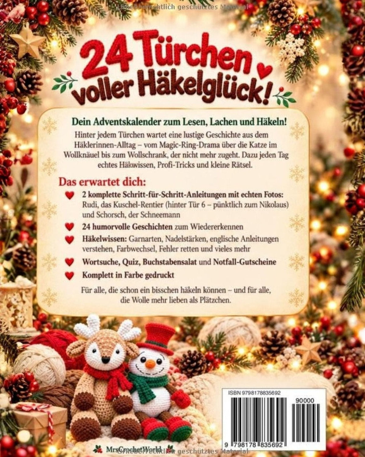 Mein Häkel-Adventskalender 2026 Buchrückseite – 24 Türchen voller Häkelglück, Rudi und Schorsch Amigurumi Anleitung by MrsCrochetWorld