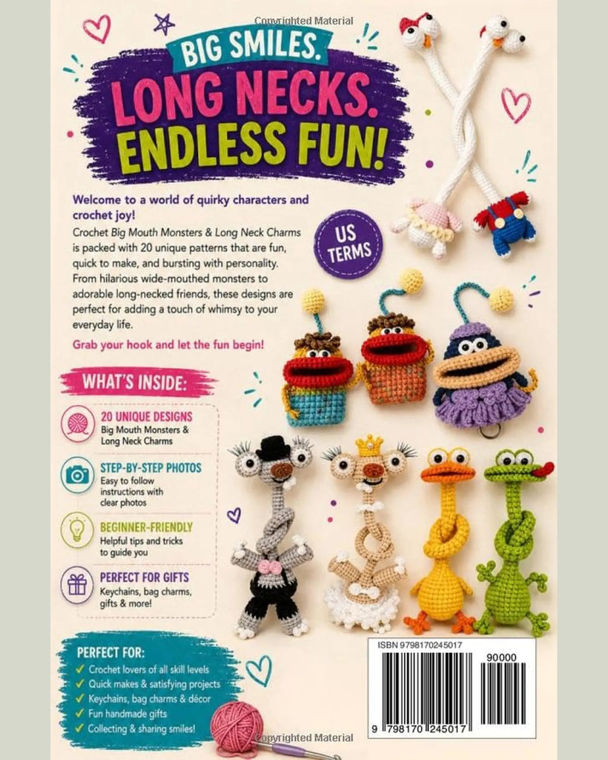Back cover of Big Mouth Monsters and Long Neck Charms crochet book — 20 amigurumi bag charm and keychain designs, beginner friendly, MrsCrochetWorld