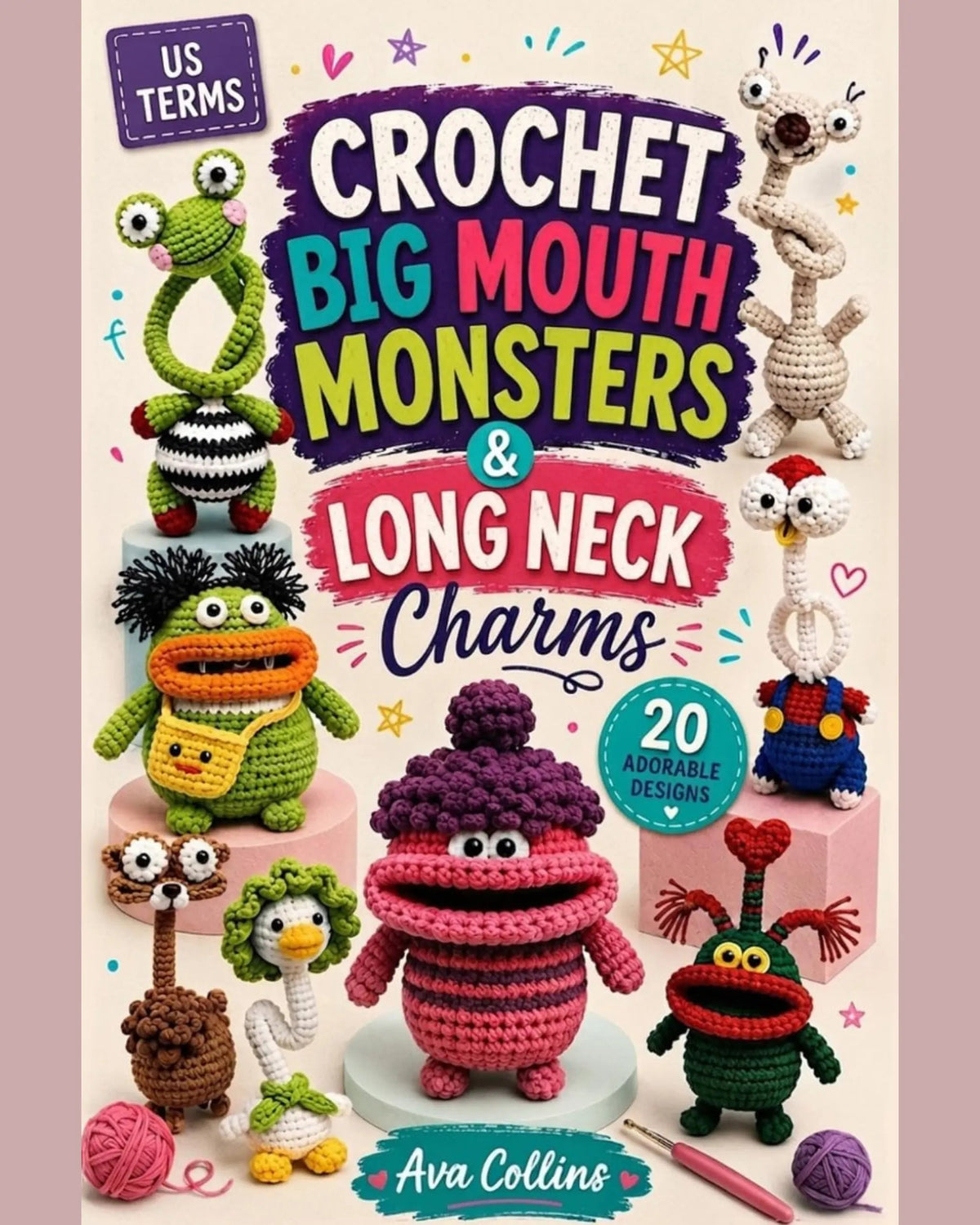 20-in-1 Big Mouth Monsters and Long Neck Charms crochet pattern book cover — cute amigurumi bag charms and keychains, US terms, instant PDF download, MrsCrochetWorld