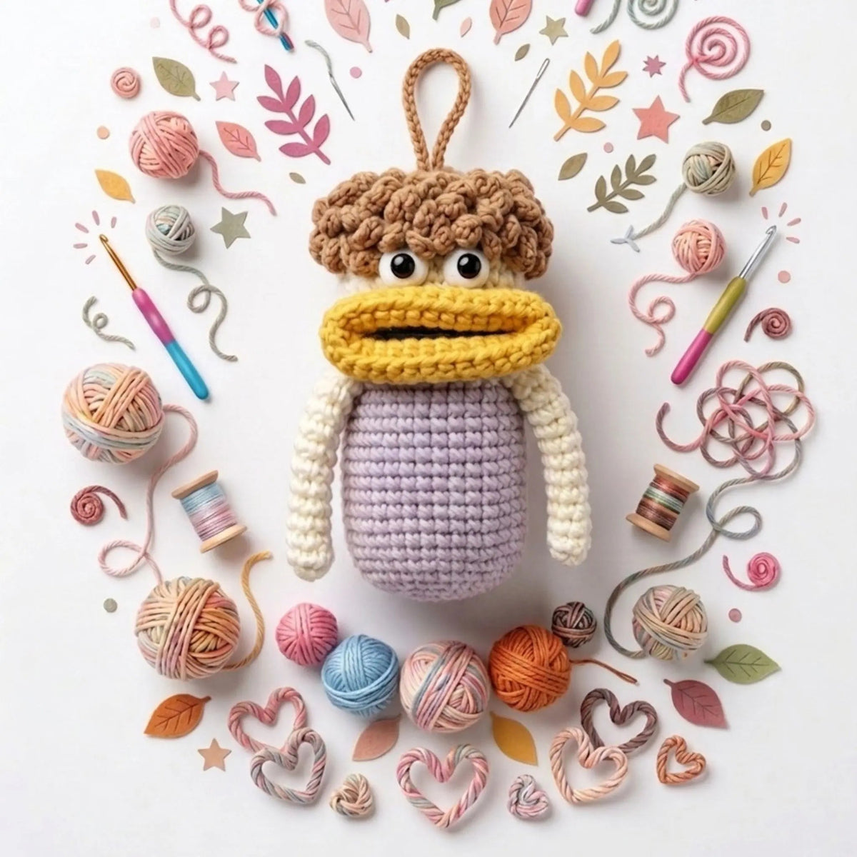 Lavender Big Mouth Monster crochet keychain with curly brown hair — amigurumi bag charm pattern, MrsCrochetWorld