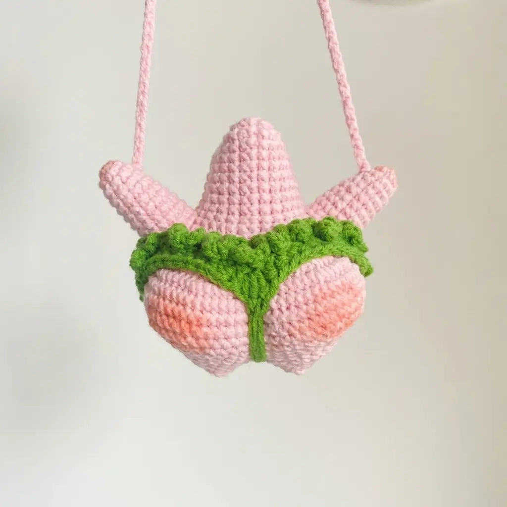 Crochet starfish car charm back view green shorts detail by MrsCrochetWorld