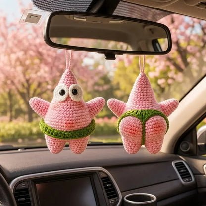 Funny starfish car charm crochet pattern hanging from rearview mirror by MrsCrochetWorld